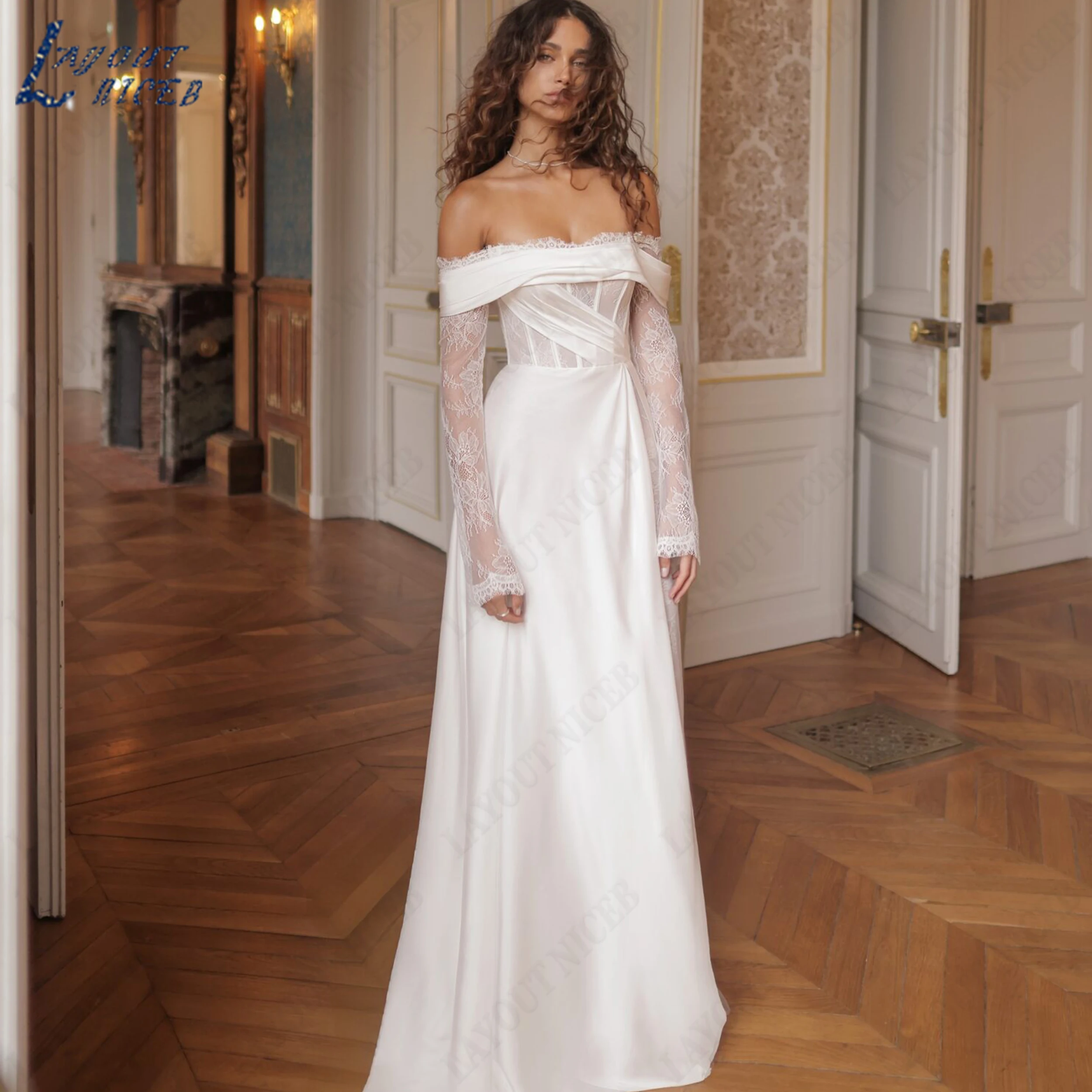 LAYOUT NICEB Customized Off The Shoulder A Line Bridal Gown Soft Satin Lace Wedding Dress Elegant Boat Neck Bride Dresses