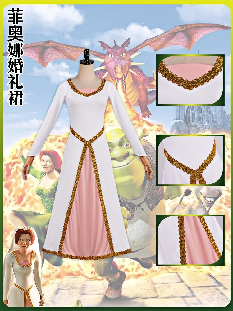 Shrek Fiona Princess Cosplay Costume Wedding White Dress Halloween Role Play Outfit for Women Girls Character Party Full Set
