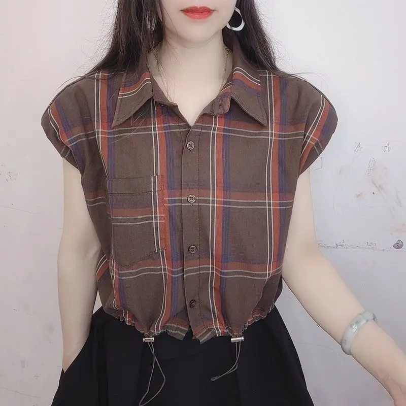 Minimalist Commuter Summer New Women's Polo-Neck Plaid Button Spliced Pockets Drawstring Fashion Loose Sleeveless Shirt Blouse