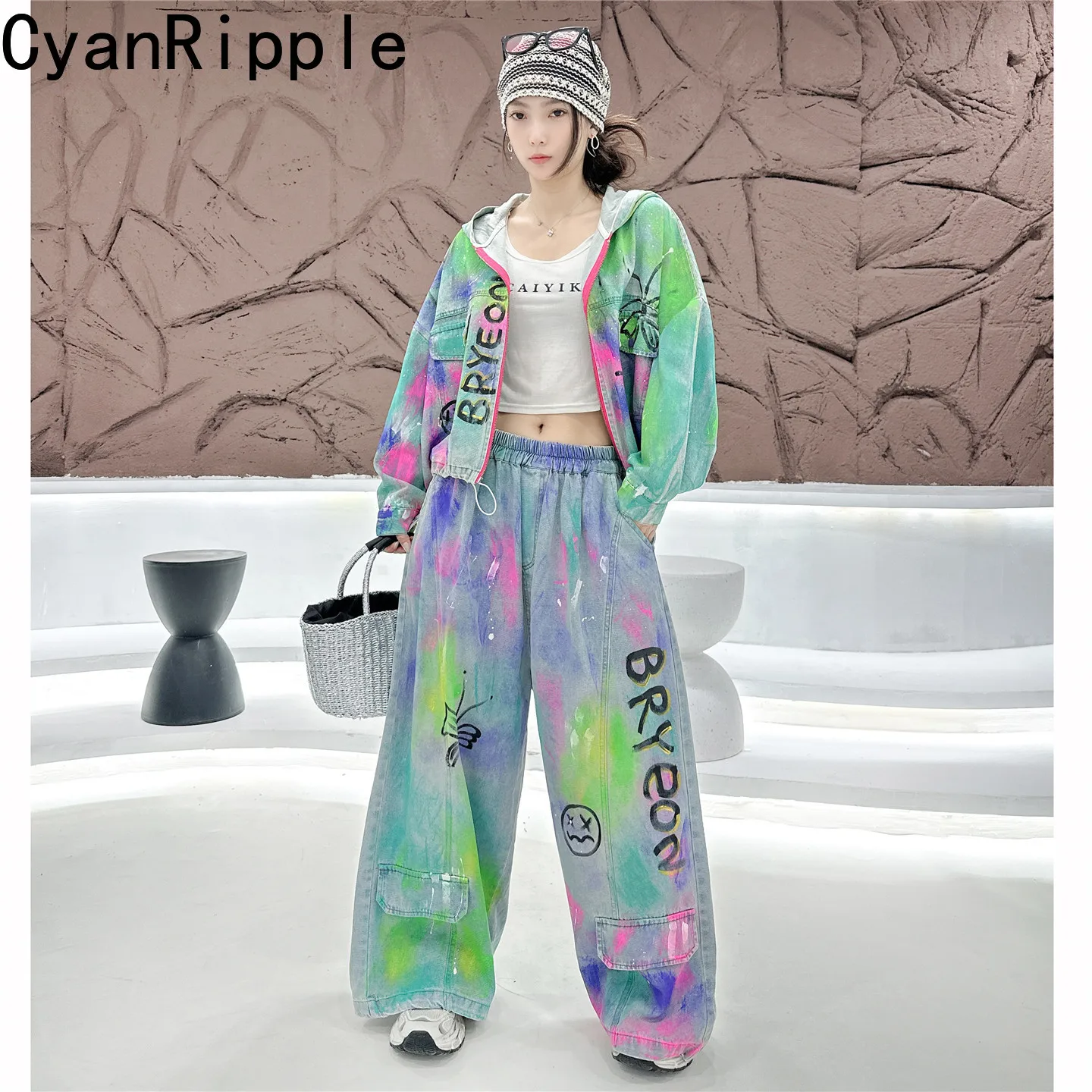 High Street Women Denim Set Green Hand-drawn Graffiti Long Sleeve Hooded Loose Cardigans Coat Elastic Waist Wide Leg Cargo Pants