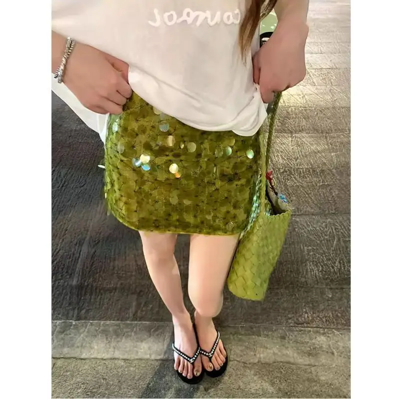 Women Green Sequin Mini Skirt High Waist Sparkly Pleated Short Skirt Y2K Party Clubwear Summer Festival Outfit