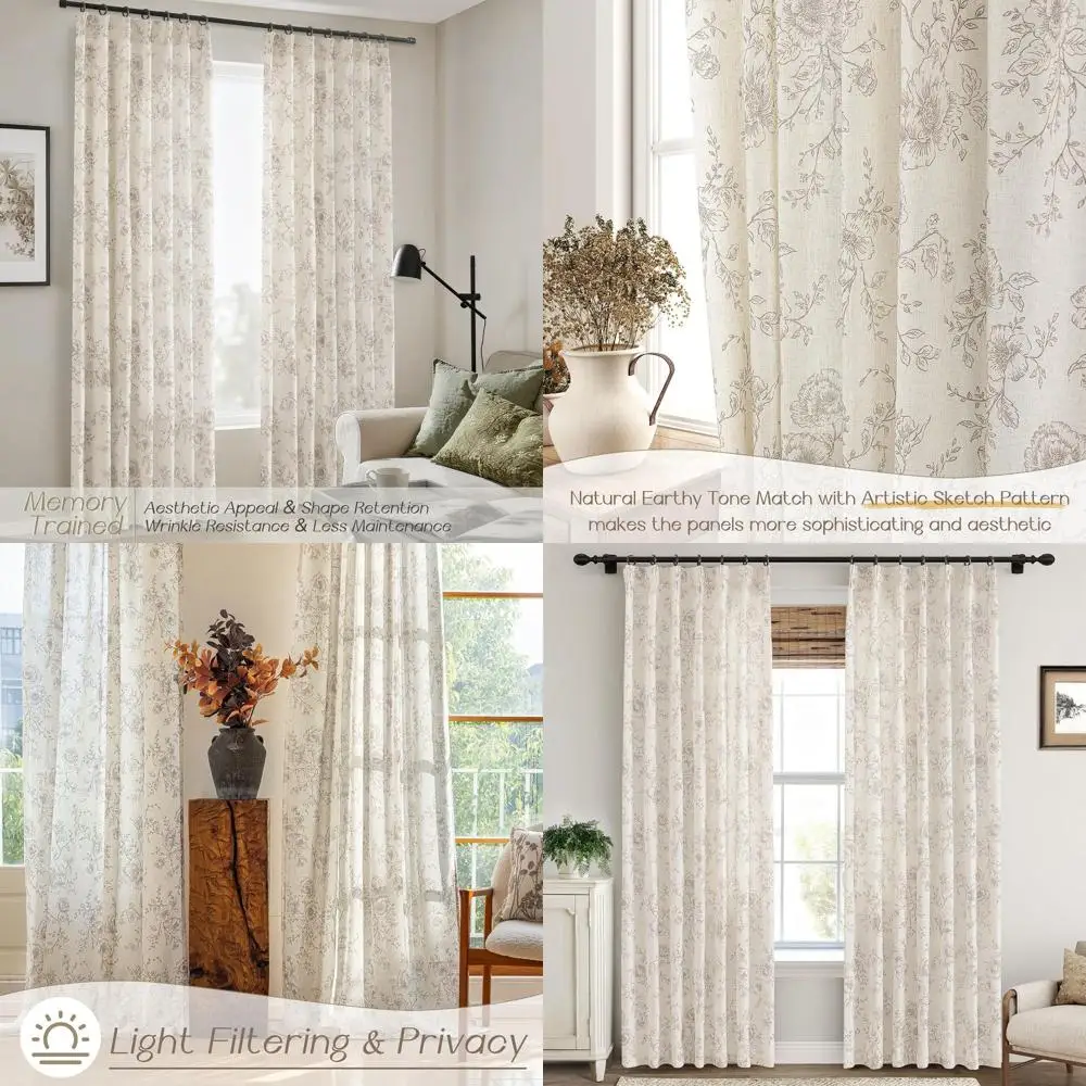 

Льняные шторы с цветочным принтом, 244 см (96 дюймов) в длину - цвет кофе с кремовым оттенком, с эффектом памяти, светопропускающие, для гостиной, в стиле фермерского дома, с цветочным узором, P