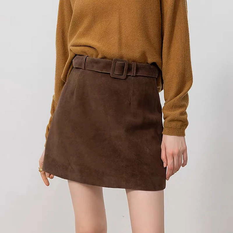 

Retro Suede Real Leather Mini Skirt Sashes For Women Autumn Korean New Simple High Wide Waist Sheepskin