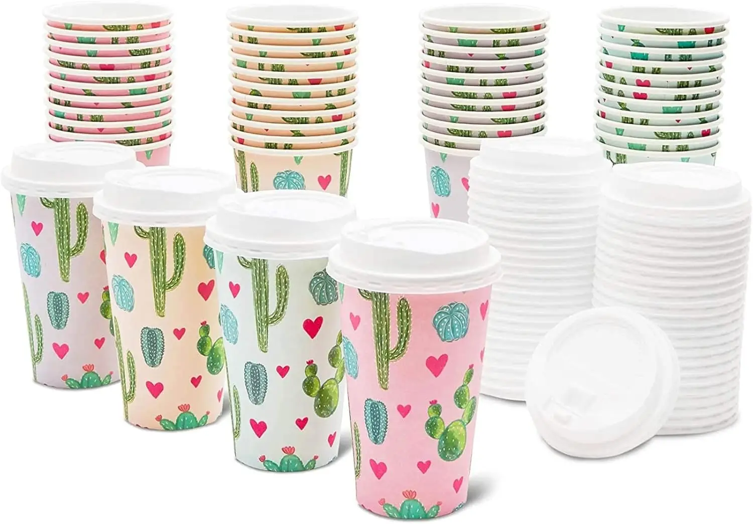 

Одноразовые бумажные стаканчики для кофе с крышками - дизайн с кактусами и сердечками, стаканчики для напитков на вынос - 16 унций, упаковка 48 штук