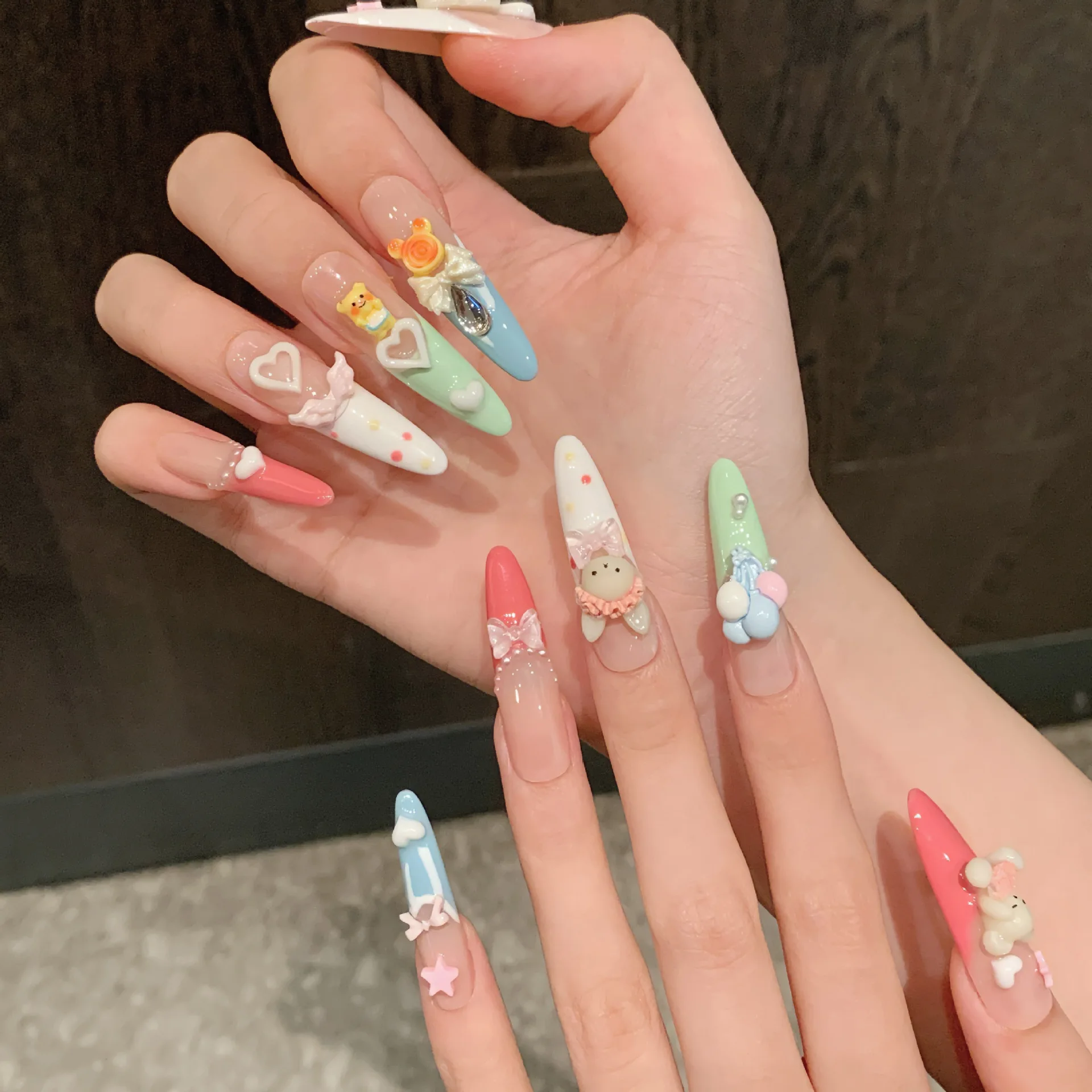 10pcs Macaron Colorful French Press On Nails Cute Ball Bear Bowknots Star Pearl Decor Handmade Fake Nails Dopamine False Nail