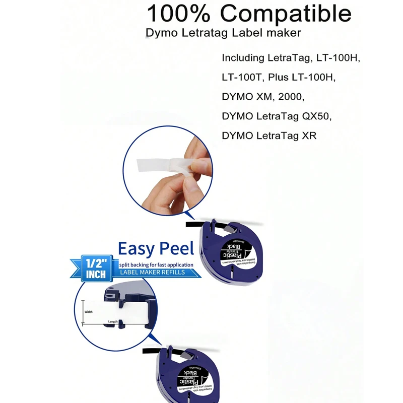 1PK White on Black Plastic Label Tape Compatible with Dymo Letra Tag Label Maker Plus LT-100H LT-100T