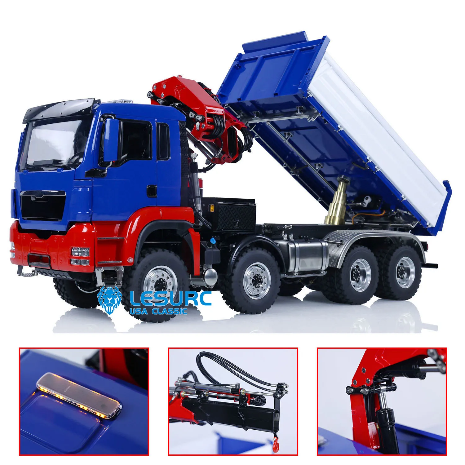 8X8 1/14 LESU Remote Control Dumper Car RC Hydraulic 3-Way Crane Dump Truck New Painted RTR Radio System Battery Charger Tipper