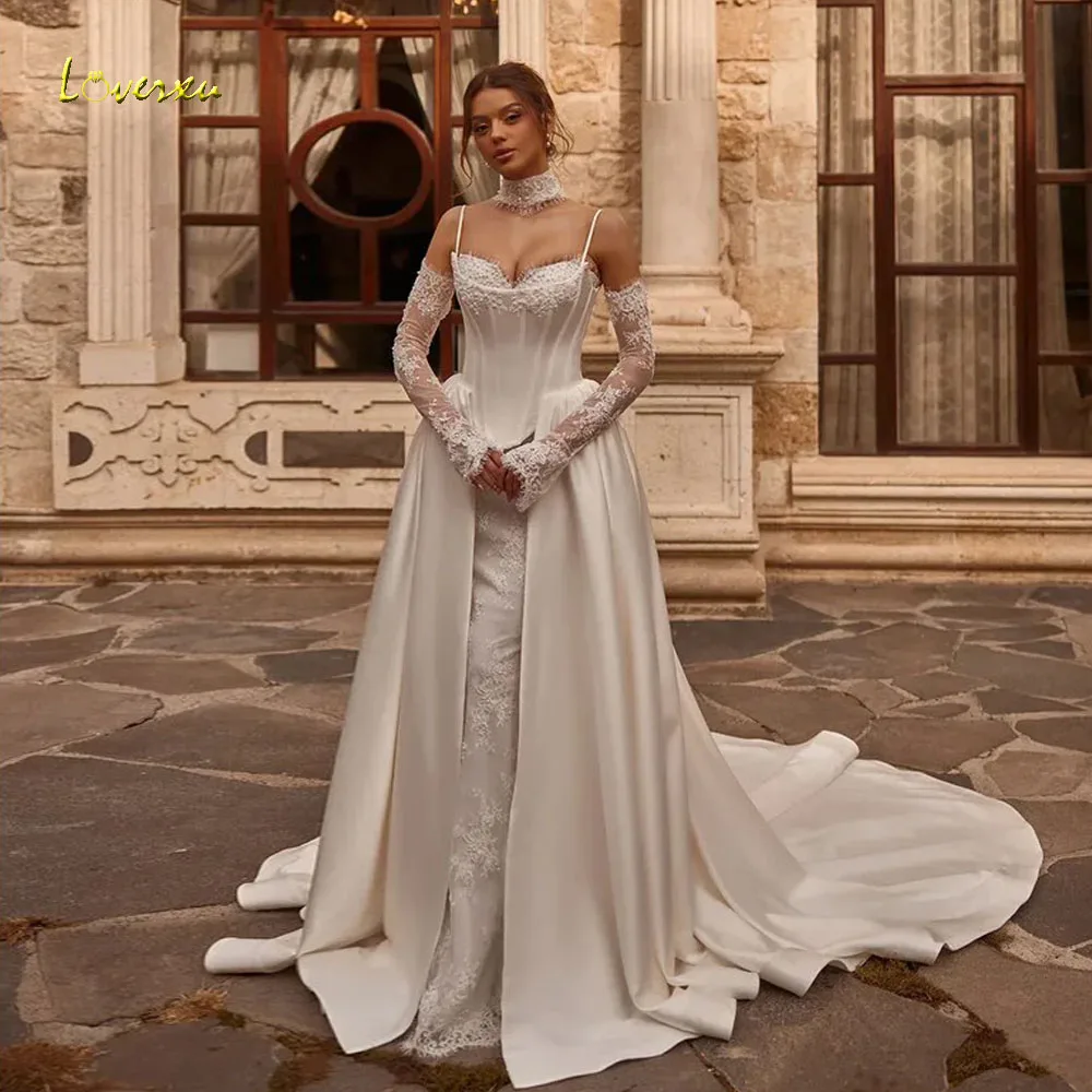 

Loverxu Mermaid Wedding Dresses Sweetheart Spaghetti Straps Vestido De Novia Lace Appliques 2 In 1 Satin Custom Made Bridal Gown