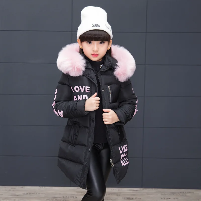 RAISE 2024 Russia Winter 4-13Y Girls Parkas Faux Fur Collar Baby Girl Long Cotton-padded Jacket Letter Junior Girl Snowwear Coat