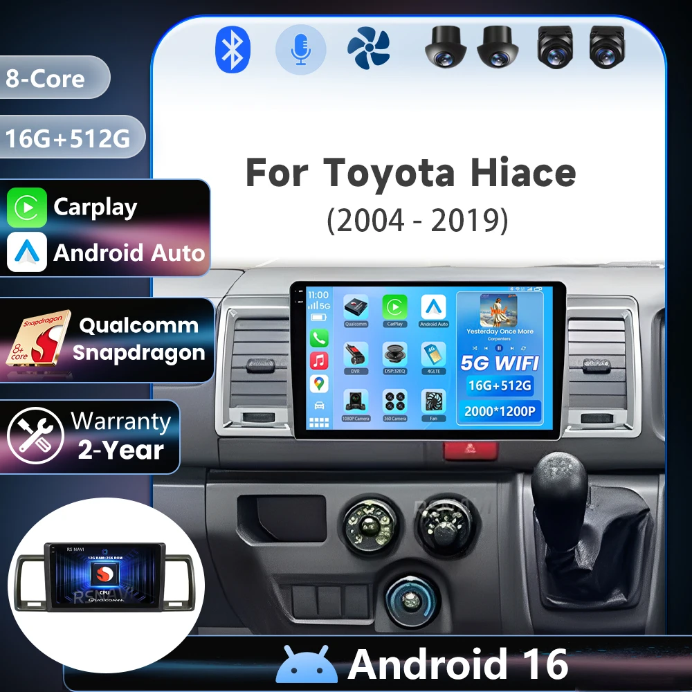 Plug and Play Android 16 Qualcomm Carplay Car Radio For Toyota Hiace 2015 - 2018 Navigation GPS Video Player Stereo Multimedia