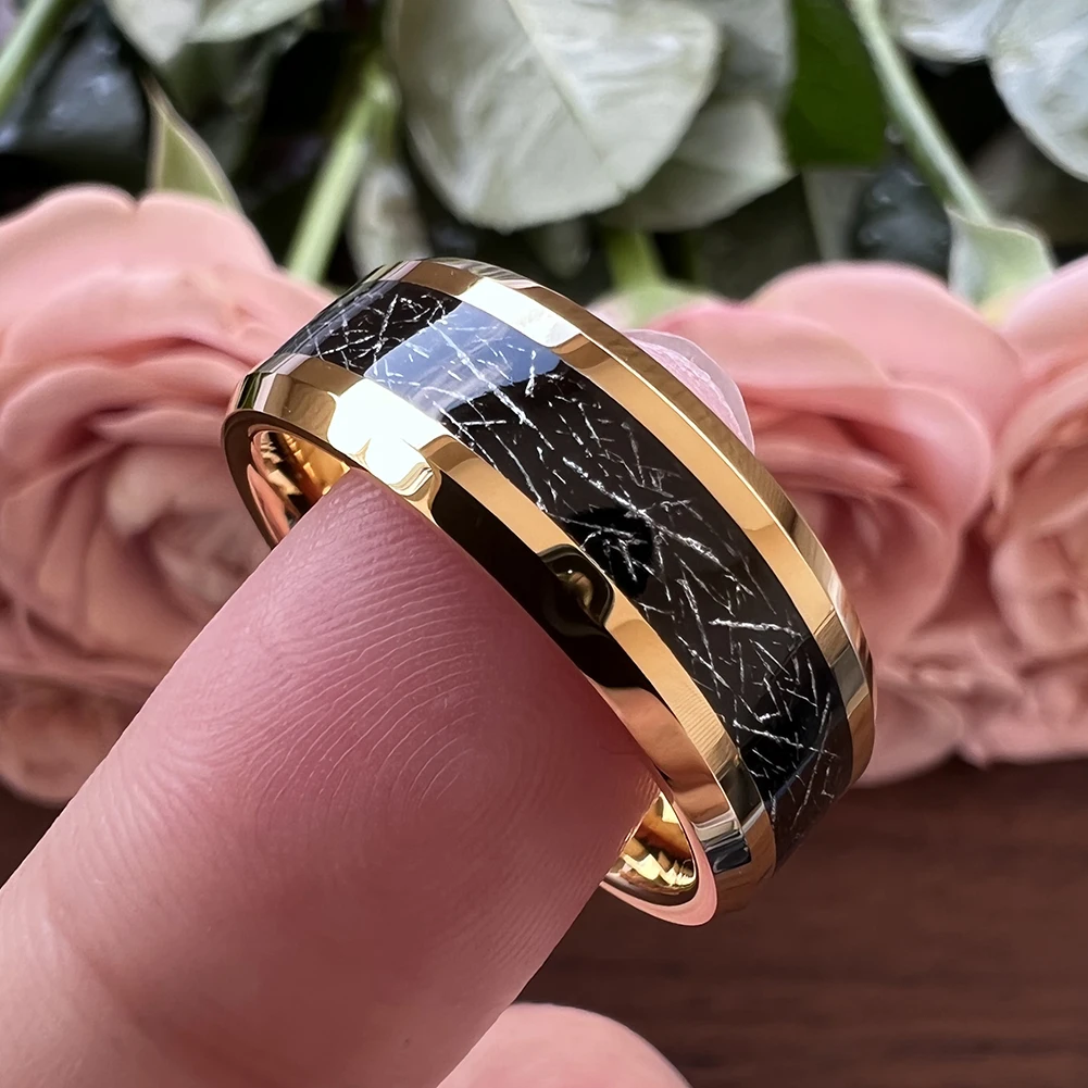 8mm Wholesale Meteorite Inlay Tungsten Ring Men Women Fashion Engagement Wedding Band Beveled Polished Shiny Jewelry – Detail 9