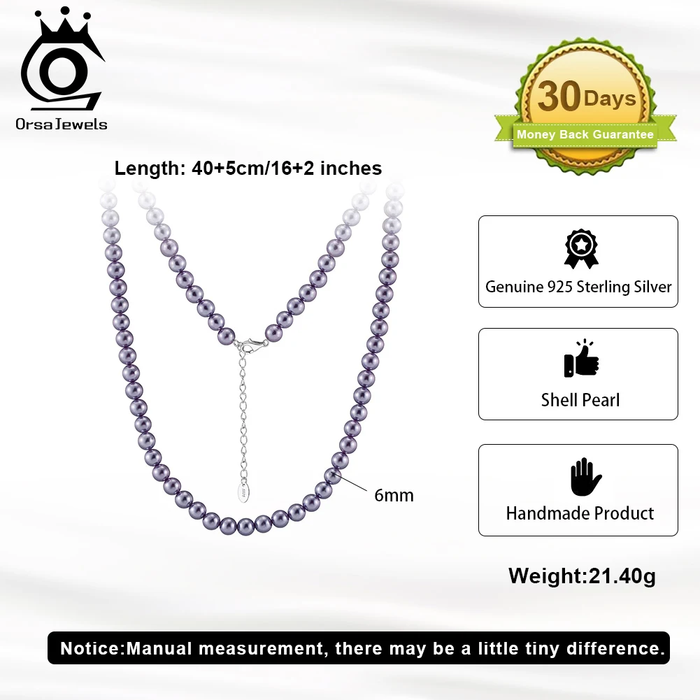 ORSA JEWEL Purple Shell Pearl Necklace 925 Sterling Silver Pearls Choker Chain Elegant Wedding Pearls Neck Chain Jewelry PSN04