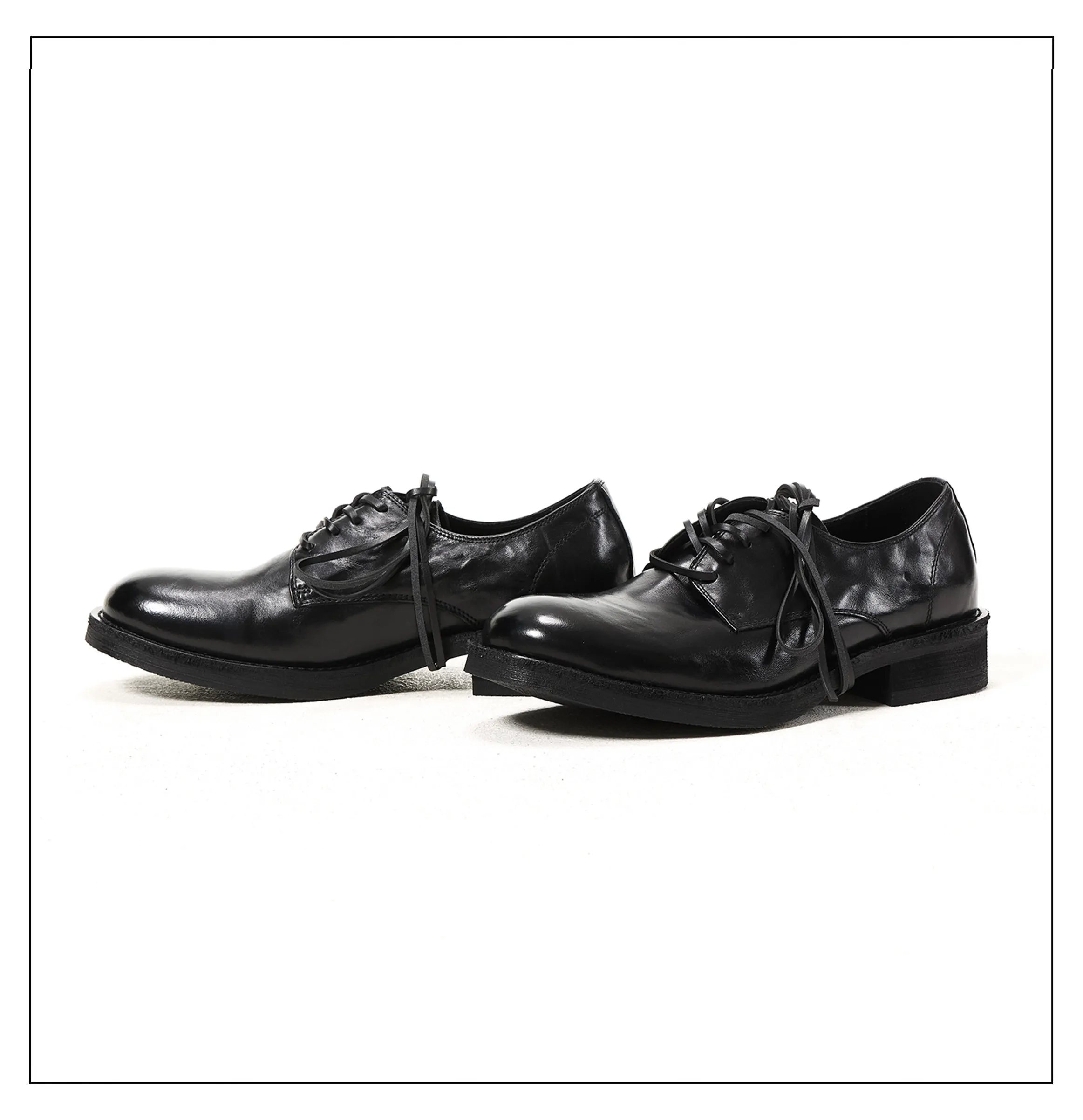 Black whole shoe washed cowhide round toe handmade derby leather shoes men's thick soled casual formal commuting