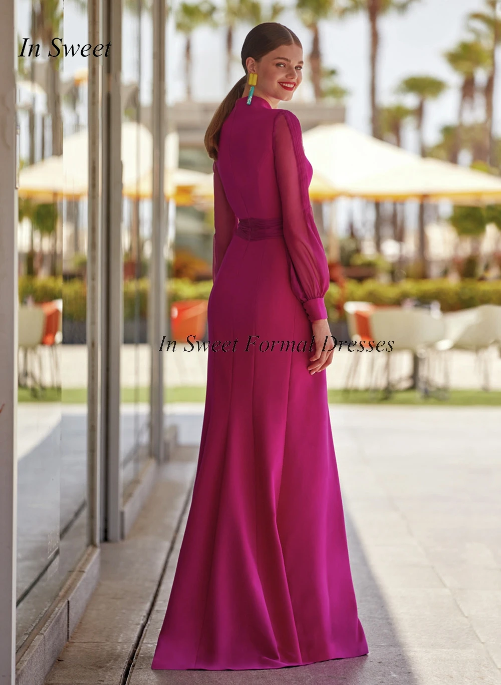 Elegant Long Sleeves Evening Dresses Sexy Front Slit Mermaid Prom Gown Deep V-neck Fuchsia Party Dress Robe de Soiree