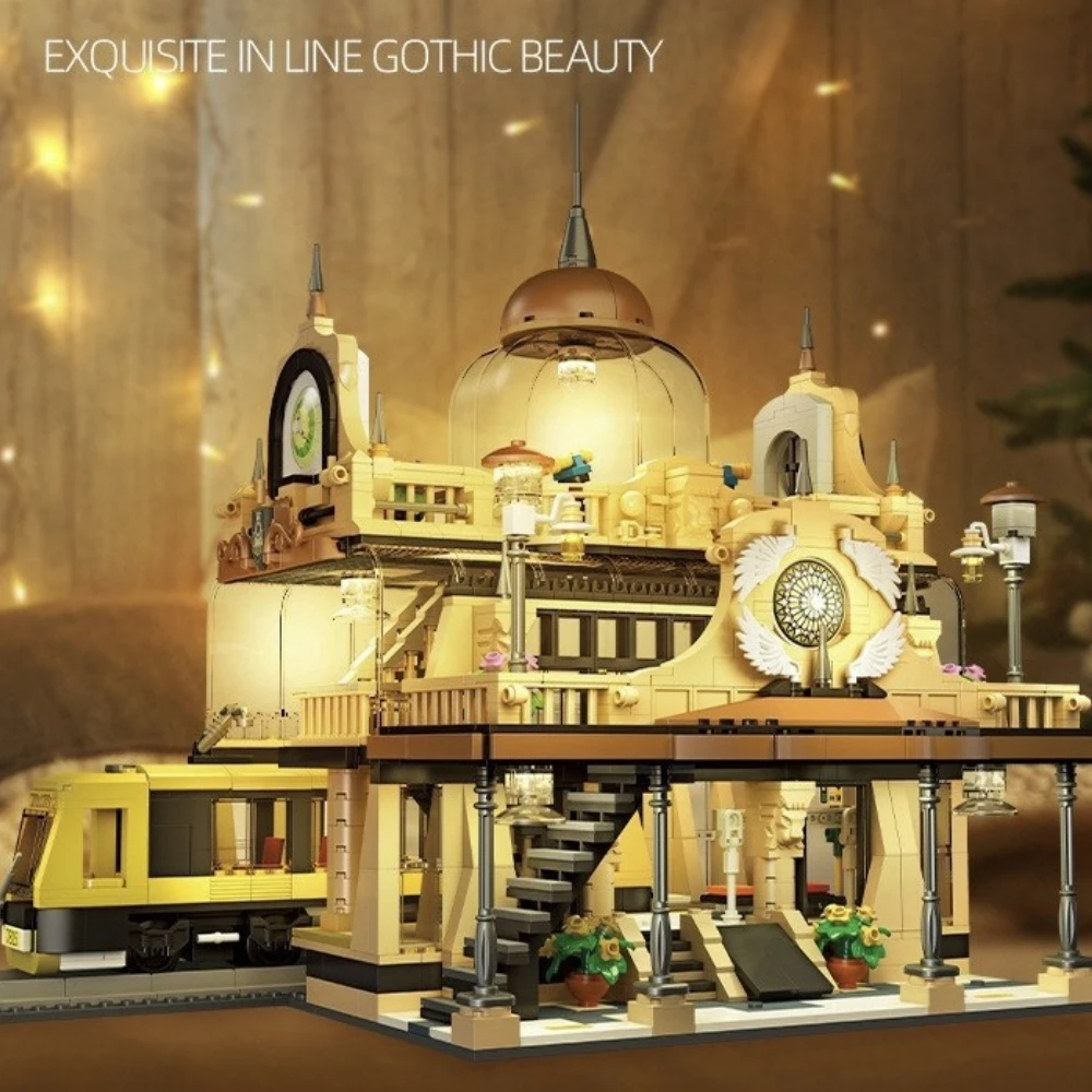 

MOC European Gothic Train Station Store Building Blocks Set Modern Stop With Light Architecture Idea Toy For Children Xmas Gifts