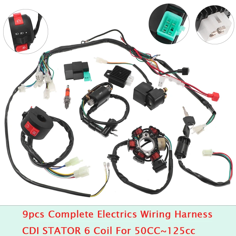 Full Complete Electrics Wiring Harness CDI STATOR 6 Coil For Motorcycle ATV Quad Pit Bike Buggy Go Kart 50cc 110cc 125cc