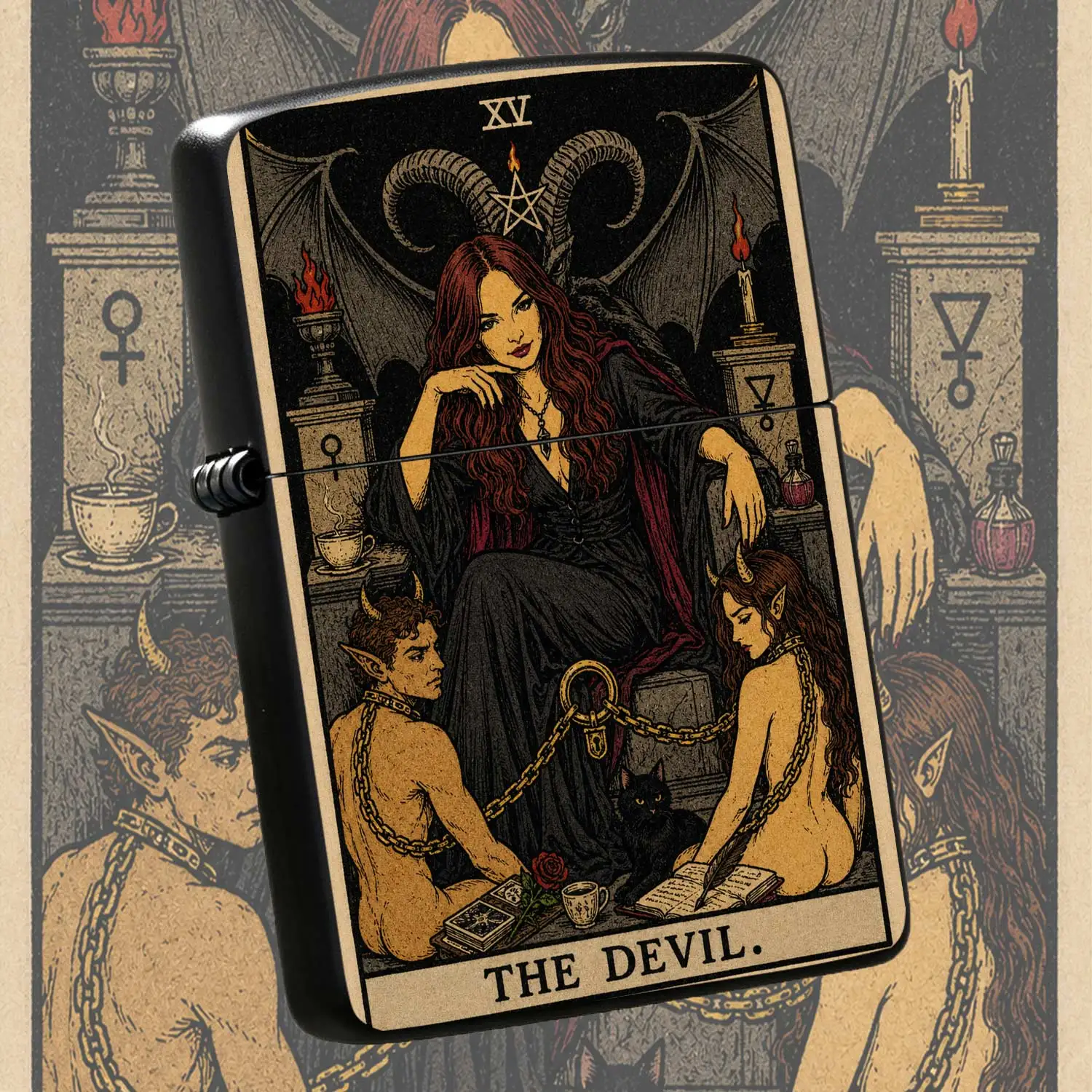 Vintage Tarot The Devil Themed Flip-top  Windproof  Lighter Refillable Reusable Portable Pocket   With Dark Mysterious Style Creative Trendy Collectible Gift  Humorous and Fun Lighter