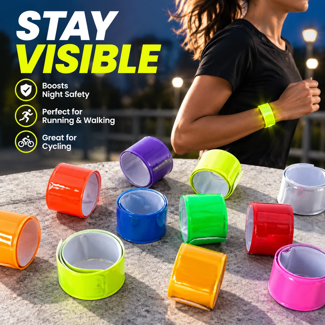 Reflective PVC Snap Bracelet Night Safety Wristband for Running Cycling Walking, High Visibility Neon Yellow Reflector Strip,