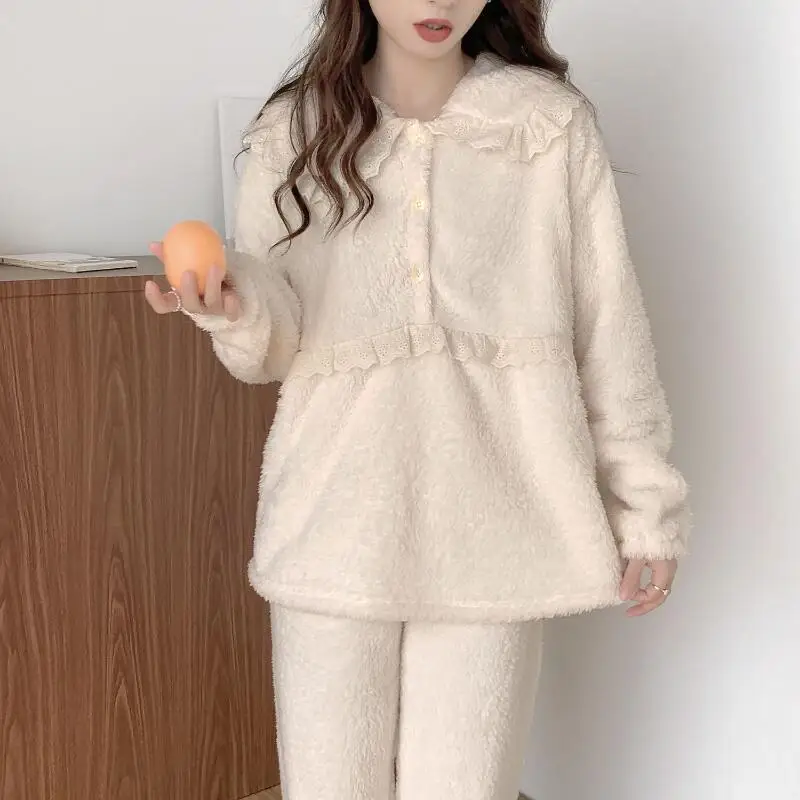 Hot Coral Fleece Leisure Wear Winter Thicken Cute Sweet Minimalist Loungewear Set Dopamine Birthday Present New Style Wholesale