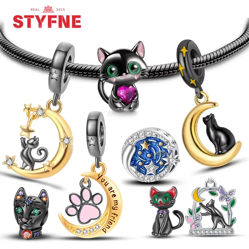 925 Sterling Silver Black Animals Pet Cat Paw Print Dangle beads Charms Original Bracelet for Women fine Jewelry Making Gift