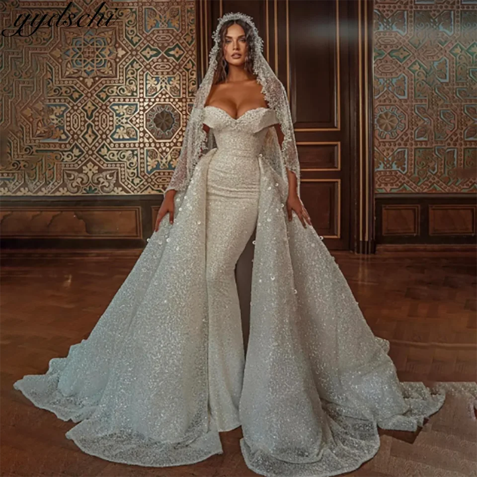 

Customized Sparkly Beaded Sweetheart Off The Shoulder Mermaid Wedding Dresses 2025 Backless Sweep Train Bridal Gowns For Women