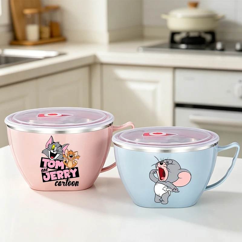 

Tom and Jerry Noodle Bowl Large Capacity Stainless Steel Bowl Double-layer Heat Protection Instant Food Storage Container Gift