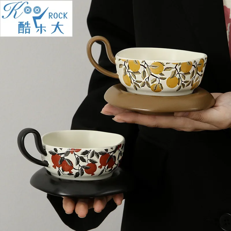 

Artisan Botanical Coffee Cups & Saucers: Vintage Etrog, Orange, Pomegranate Motifs - Elegant Jewish Afternoon Tea Set gift