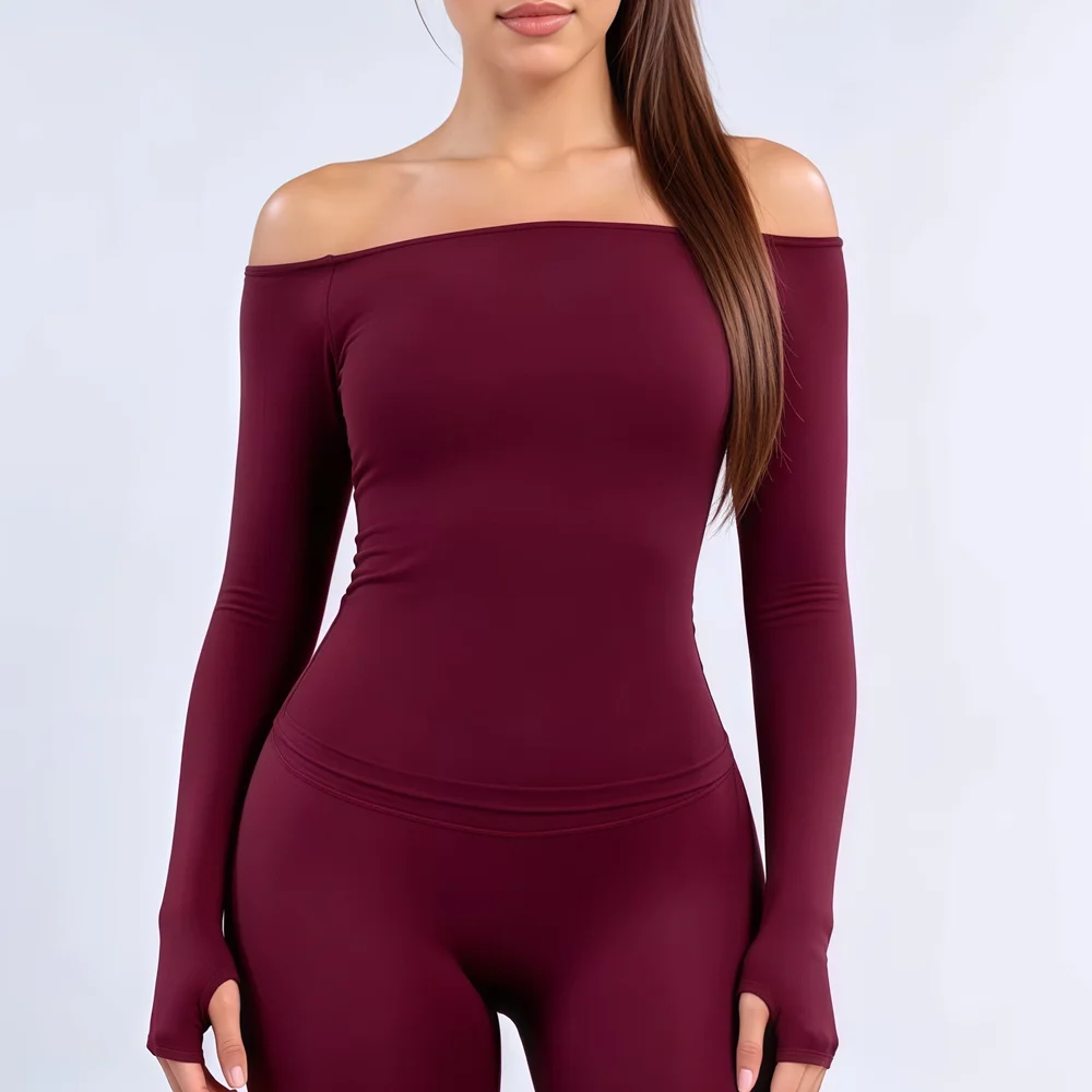 HISTELLO Vision Long Sleeve Top Women Gym Clothing Off The Shoulder Yoga Shirt Thumb Hole Blouse Slim Fit Fitness Sports Top