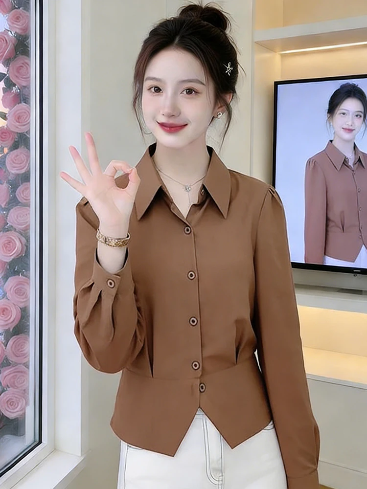 

Korean Sle Long Sve Slim Fit irt Women's Single Button Versatile Spring 2026 Casual Faion Casual Wind irt