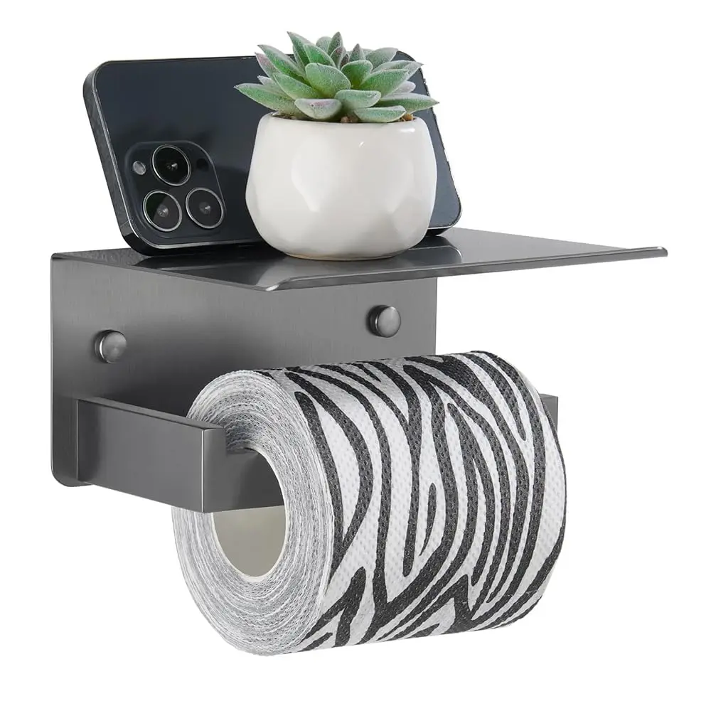 

Toilet Paper Holder with Phone Shelf Gunmetal Gray, 304 Stainless Steel Rustproof Wall Mounted Heavy-Duty, Space-Saving for