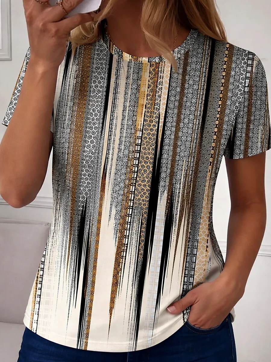 Women's Color Block Abstract Geometry Vintage T-Shirt, Crew Neck Short Sleeve Casual Daily Weekend Tops for Spring & Summer