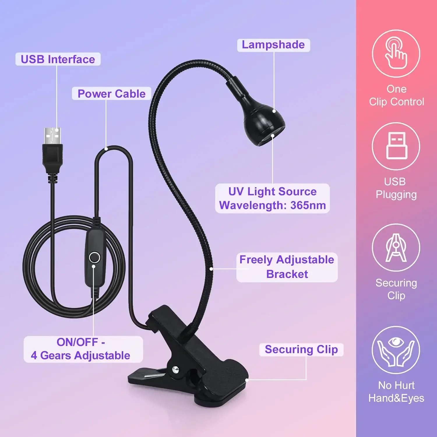 USB Clip Nageldroger 4-niveau verstelbaar licht Instant nageldroger Machine Mini draagbare nagellamp voor het uitharden van nagels en opdruknagels