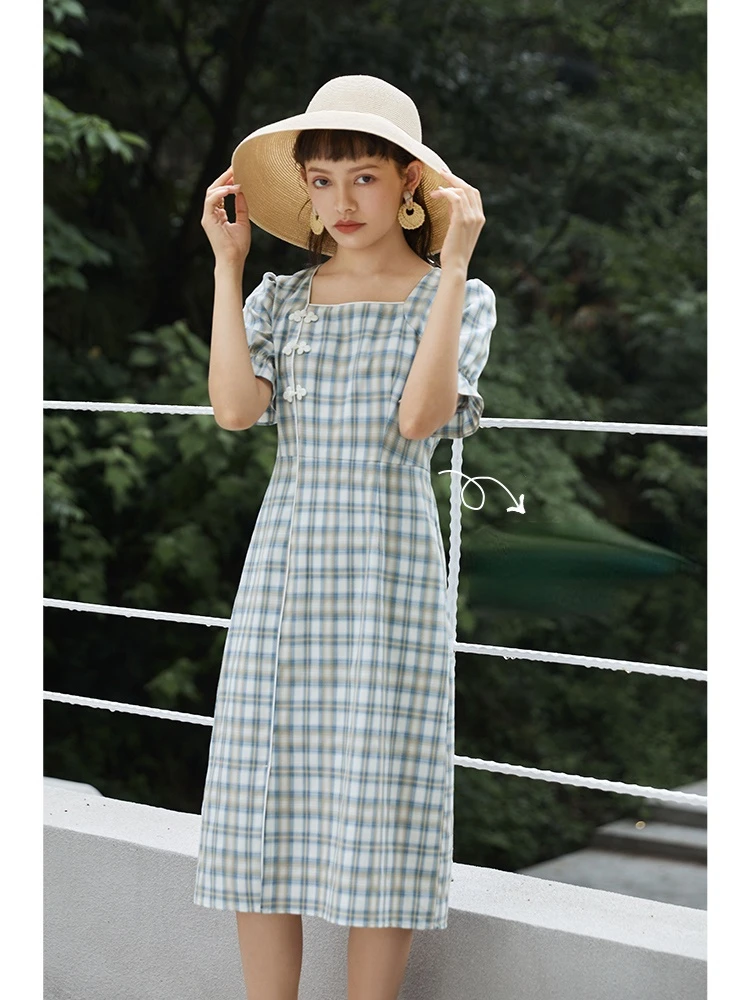 ZIQIAO ชุดลำลองฤดูร้อน2021 Vintage Cheongsam ชุดสีฟ้าสีเทา Checkered สแควร์คอพัฟแขนเสื้อผู้หญิงชุด