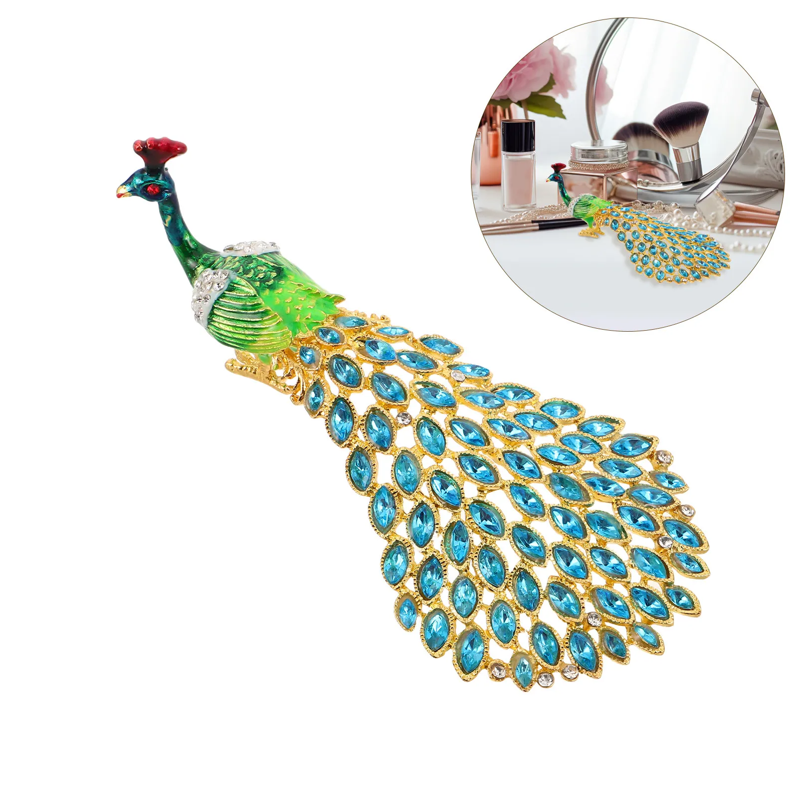 

Decorative Peacock Jewelry Box Green Enamel Rhinestone Accents Hinged Trinket Storage for Rings Earrings Mini Organizer Home