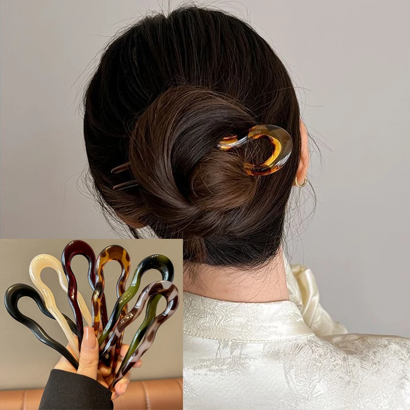 U-Shaped Hair Fork Fashion Tortoiseshell Acetate Acrylic Hairpin Geometric Headwear Hair Sticks Women Girls Hair Accessories