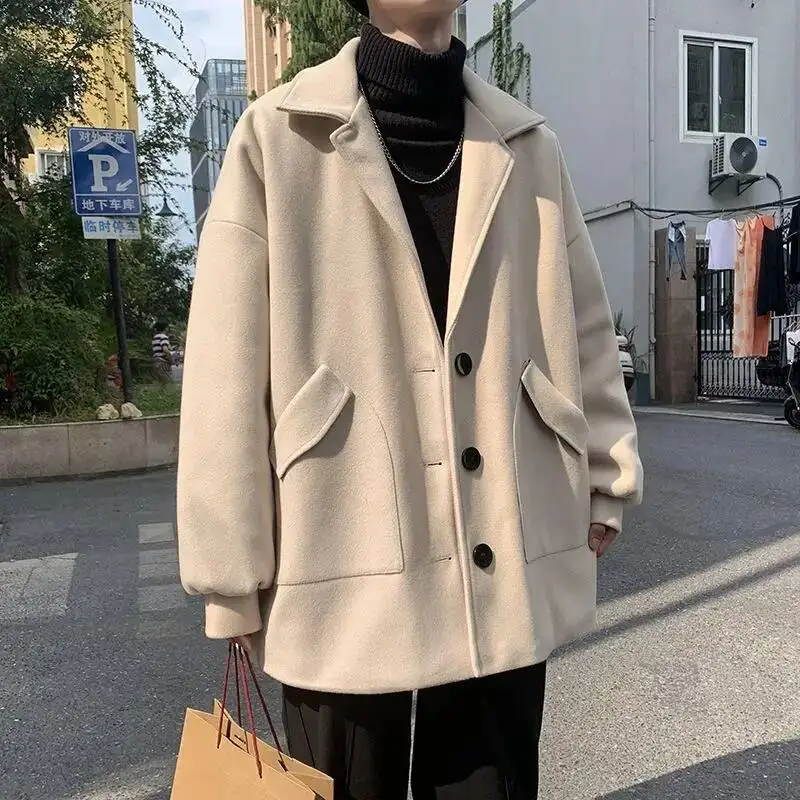 

Korean Solid Color Wool Coats Autumn Winter Basic Tailored Collar Men's Clothing Stylish Pockets Patchwork Loose Casual Blends
