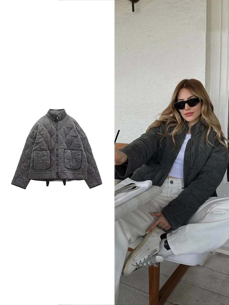 

Женская модная хлопковая куртка с ромбовидным узором, теплая зимняя куртка с карманами, винтажная повседневная куртка свободного кроя с длинными рукавами и