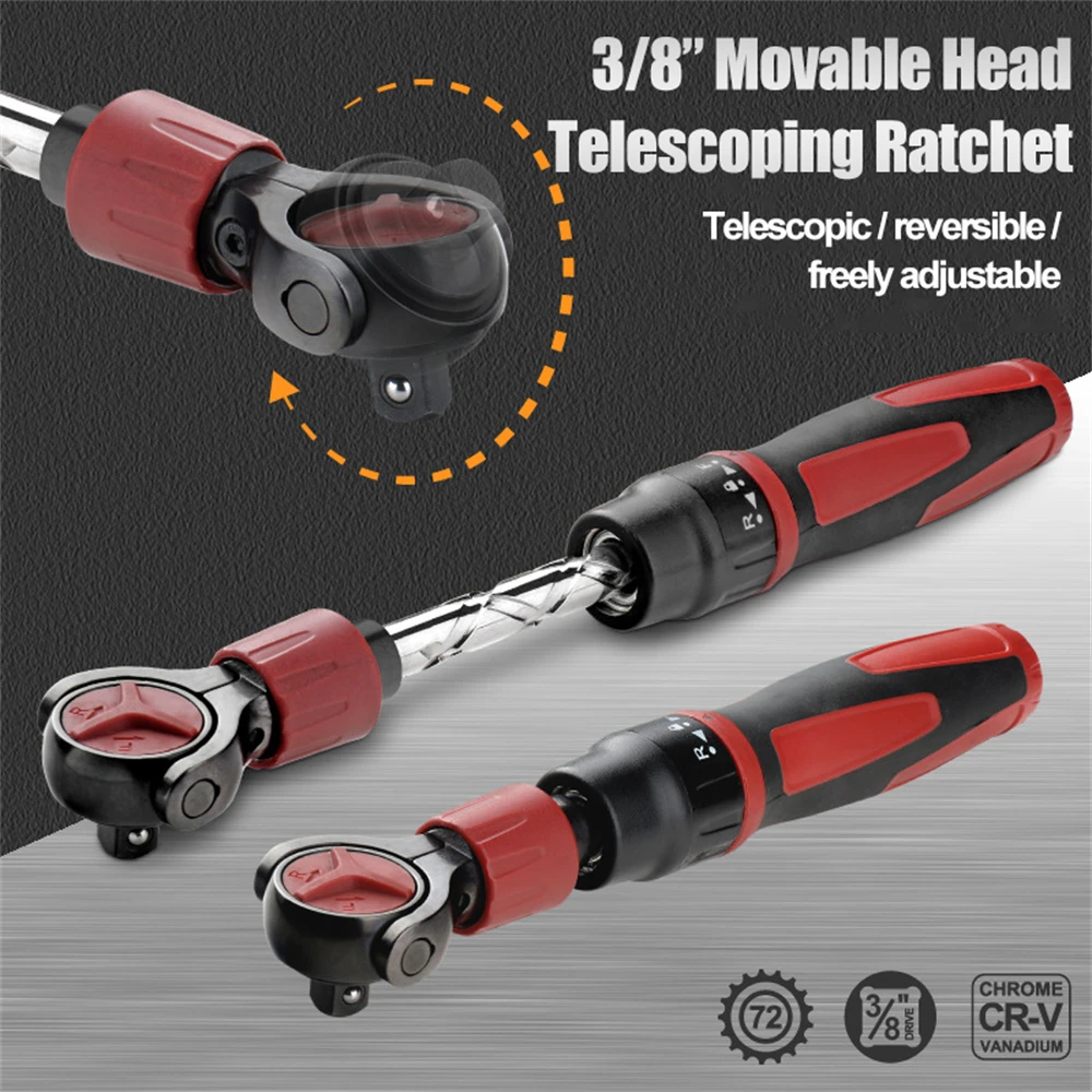 

3/8" Drive Ratchet Wrench - 72T Steel Socket Wrench with Flexible Head & Reversible Switch