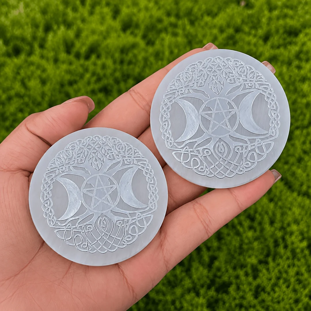 1pc Silver Pattern Selenite Slice, Round Decorative Display Plate with Detailed Tree and Moon Design, Ornament for Home Decor