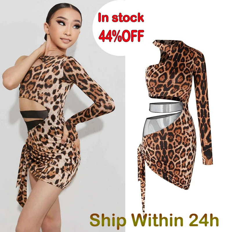 

ZYM Latin Dance Performance Dress For Girls Children Single Sleeved Leopard Print Dress Rumba Tango Latin Dance Dress DQS11783