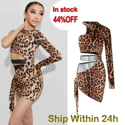 ZYM Latin Dance Dress For Girls Single Sleeved Leopard Dress Children ChaCha Rumba Tango Latin Dance Competition Dress DQS11783