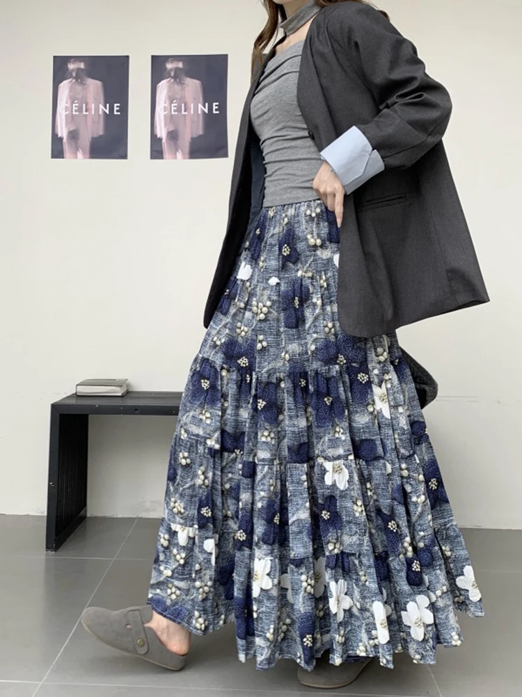 

Printed Skirt Women Long Korean Style Autumn Winter High Street Sweet Beauty Casual Multi Layer Splicing A Line Pleated Skirt
