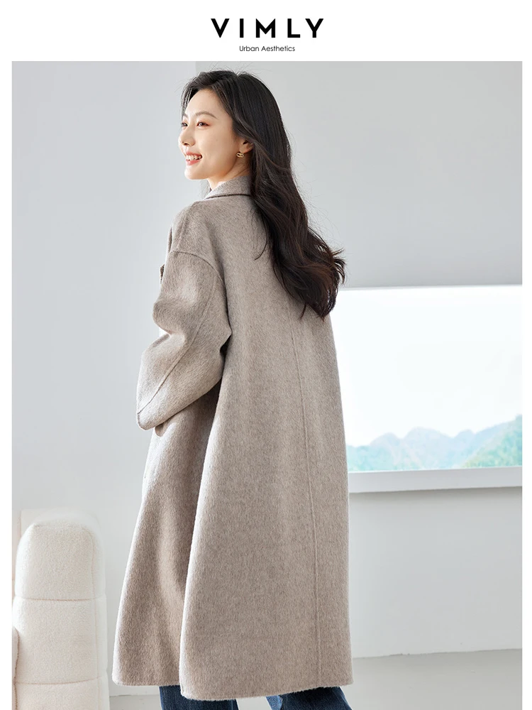 Vimly Double Faced Wool Blend Long Coat Women 2023 Winter Elegant Office Lady Straight Warm Woolen Jacket Female Overcoat 50690