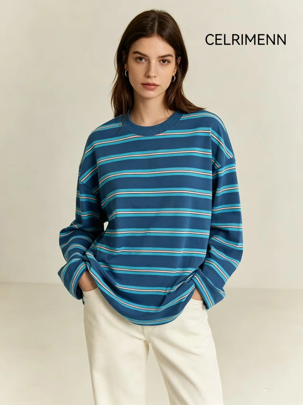 fenggejiwo unisex striped long sleeve loose fit T-shirt pure cotton drop shoulder crew neck couple top