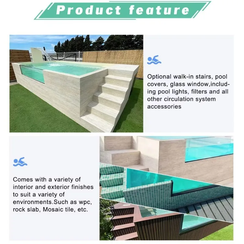 حوض سباحة نافذة أكريليك من الألياف الزجاجية للسباحة في الهواء الطلق فوق الأرض، حاوية جاهزة لحمام السباحة