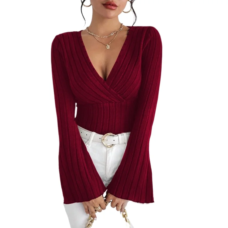 Fashion Women Europe and The United States V-neck Flared Long Sleeve Wine Red T-shirt Spring and Winter Slim-fit Base Shirt Top