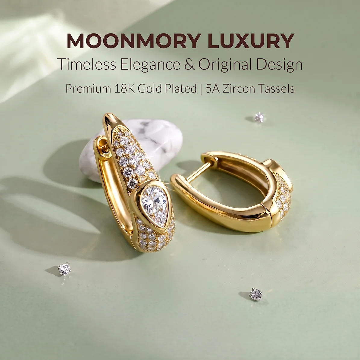 Moonmory Original Design 5A Birnenförmige Zirkon-Huggie-Creolen für Damen, minimalistisch, umweltfreundlich, 18K vergoldet – Detail 4