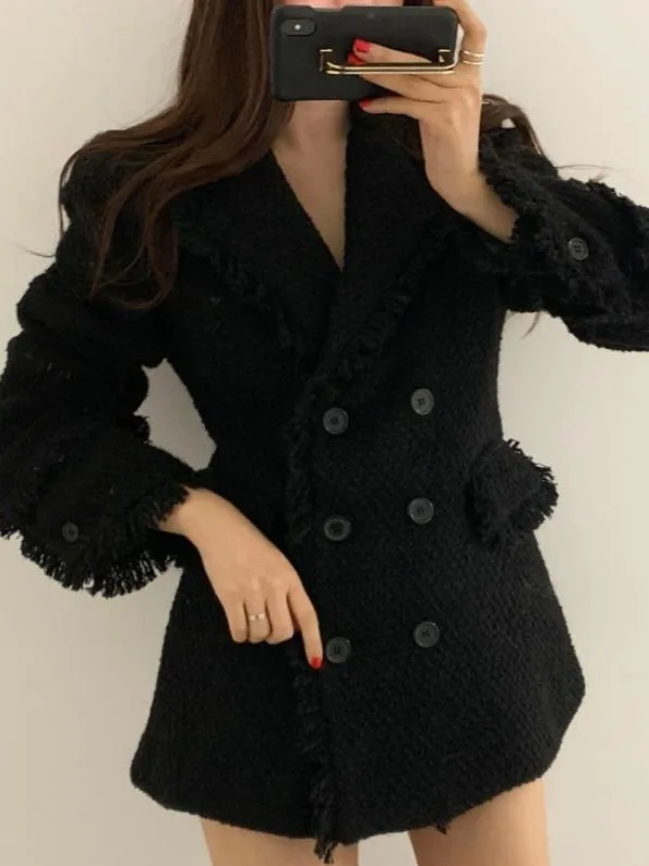 

Retro Chic Tweed Suit Jaet Women's Bla Loose Fit Double Breasted Coat Asymmetrical Hemline High End Feel Autumn Winter