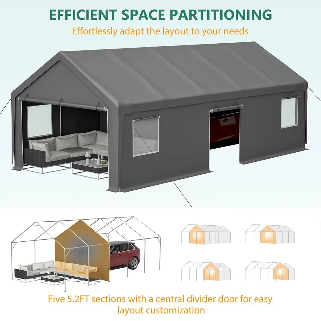 13x26 FT Portable Garage Shelter Heavy Duty Carport Canopy with Dual Roll-Up Doors Side Door & Removable Sidewalls Customized