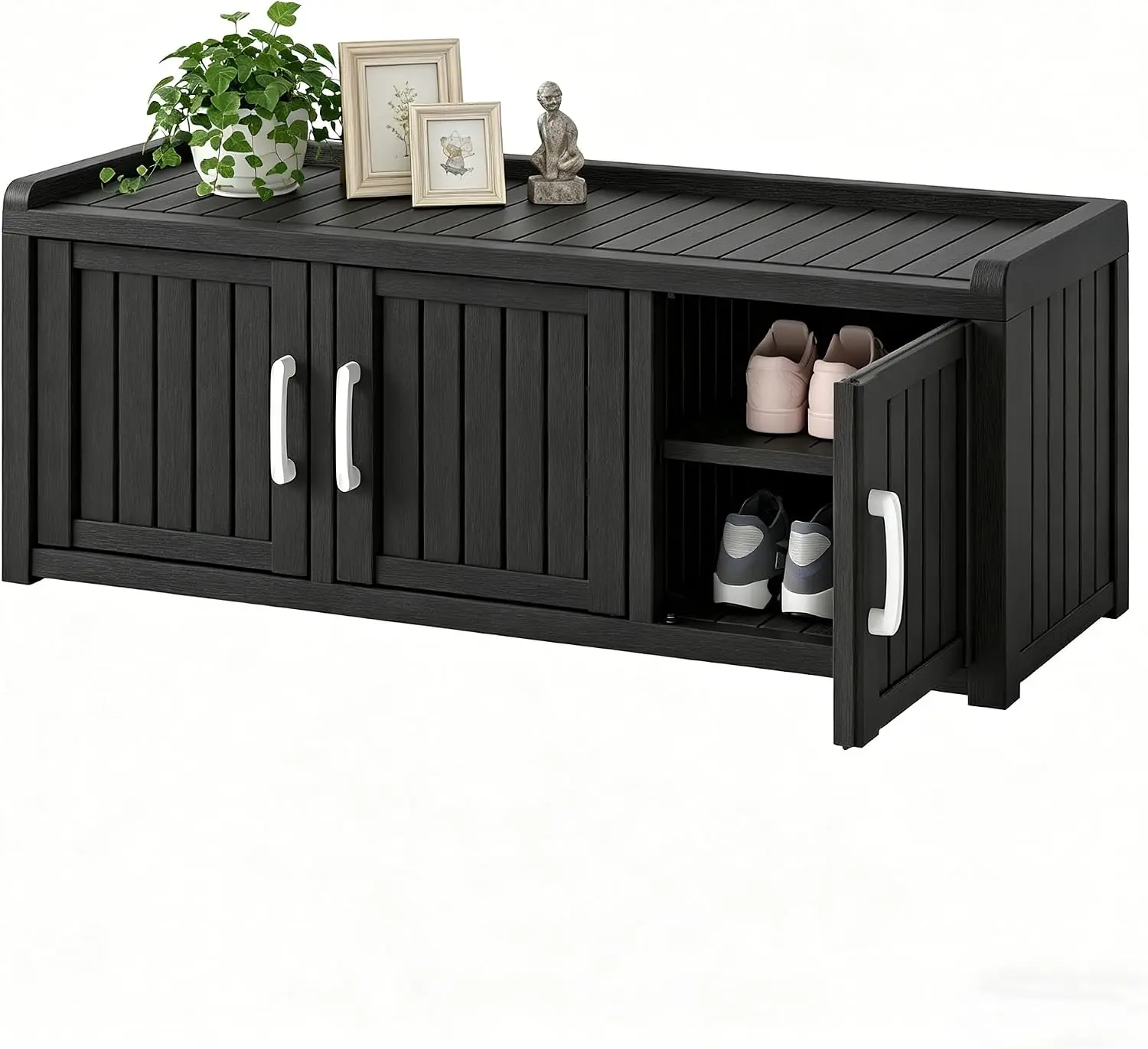 Two Tier Outdoor Shoe Storage Bench Waterproof UV Resistant Entryway Storage Cabinet Cabinet Storage Organizers Adjustable Shelves Furniture Bench For Living Room Classic Black